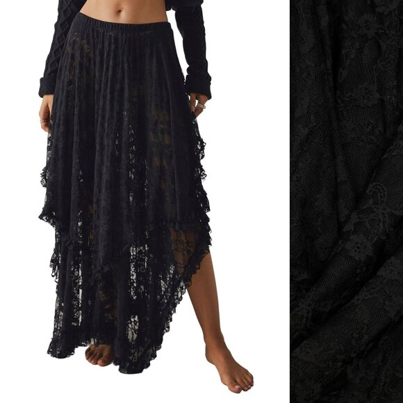 Intimately Free People Black Lace Ruffled Floral Maxi Skirt Size XS 26842 - Picture 1 of 11